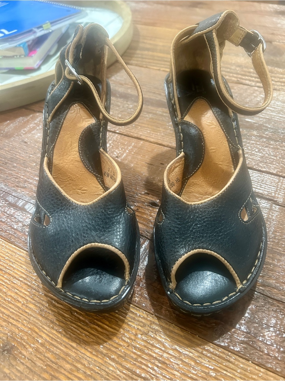 Born Black Leather Peep-Toe Ankle Strap Women's Sandals